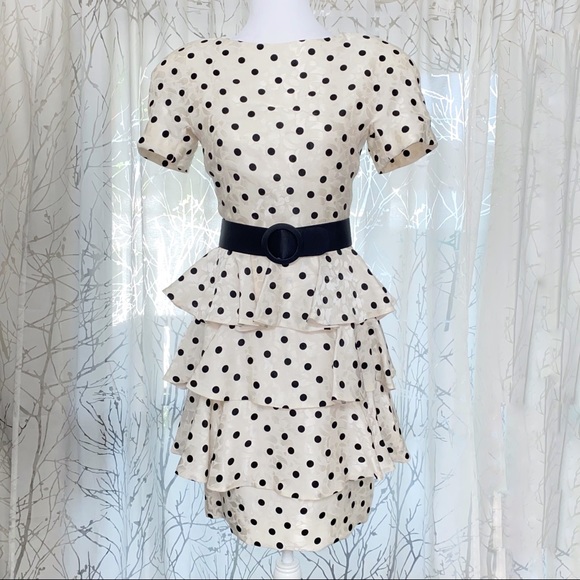 Vintage 1980’s SCAASI Boutique white black polka dot ruffle button up back dress - Picture 5 of 16